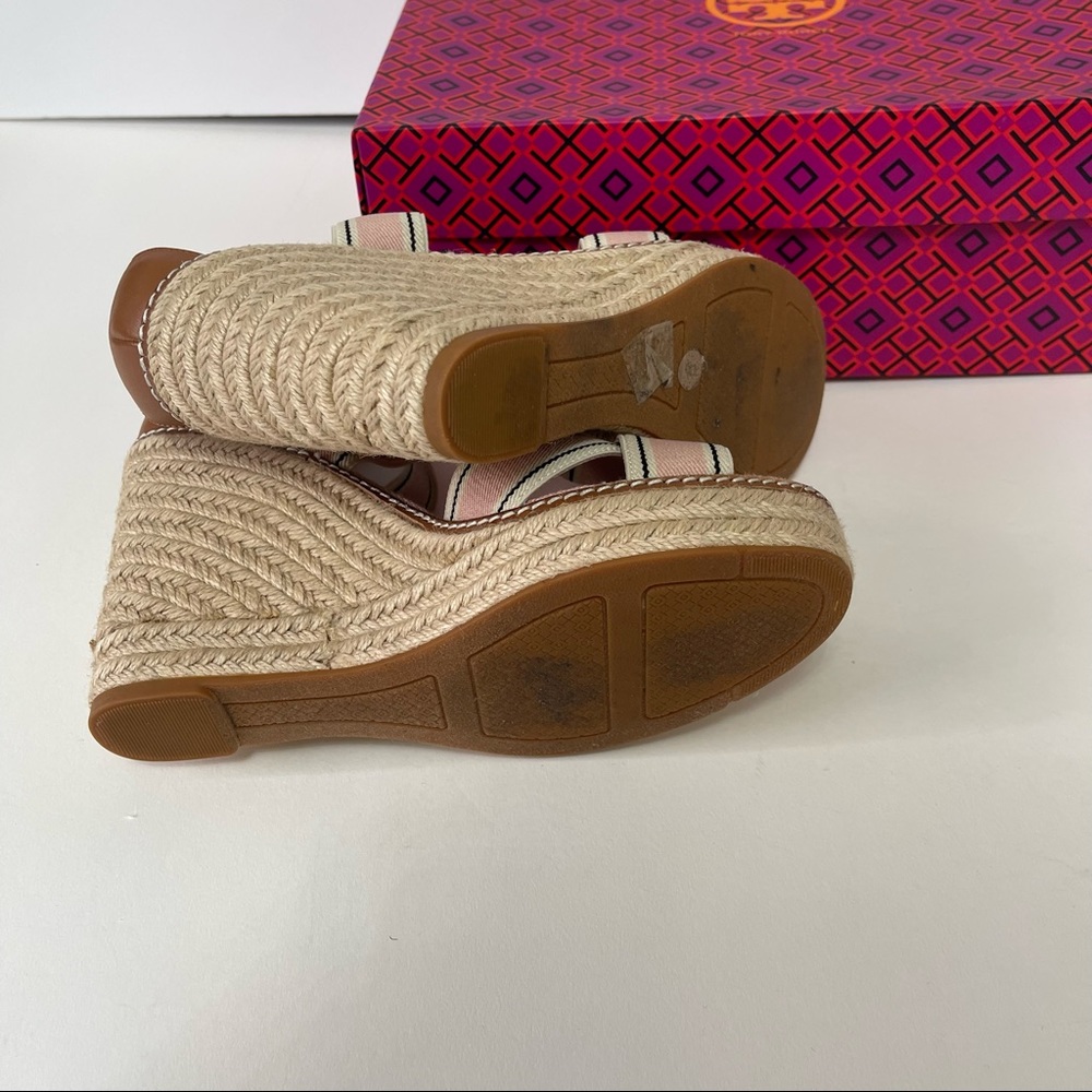 Tory Burch Frieda Espadrille -Stretch Webbing /Calf Leather &Strap Wedge Sandal - Picture 12 of 16